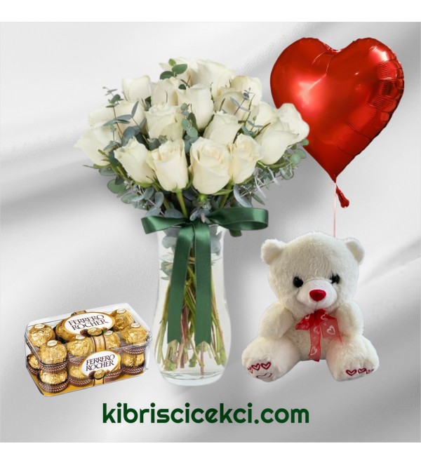 Vazoda 19 Beyaz Gül Ayıcık 16'lı Ferrero Çikolata Kalp Helyum Balon